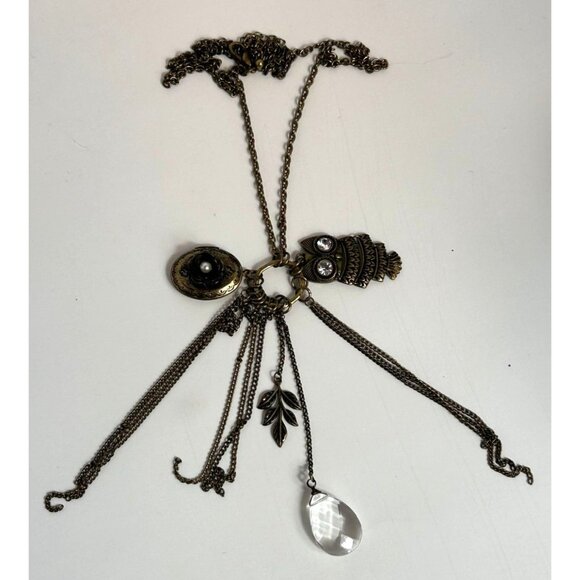 Vintage Brass Locket & Owl Pendant Necklace With Chains & Crystal Accents Costum - Picture 2 of 11